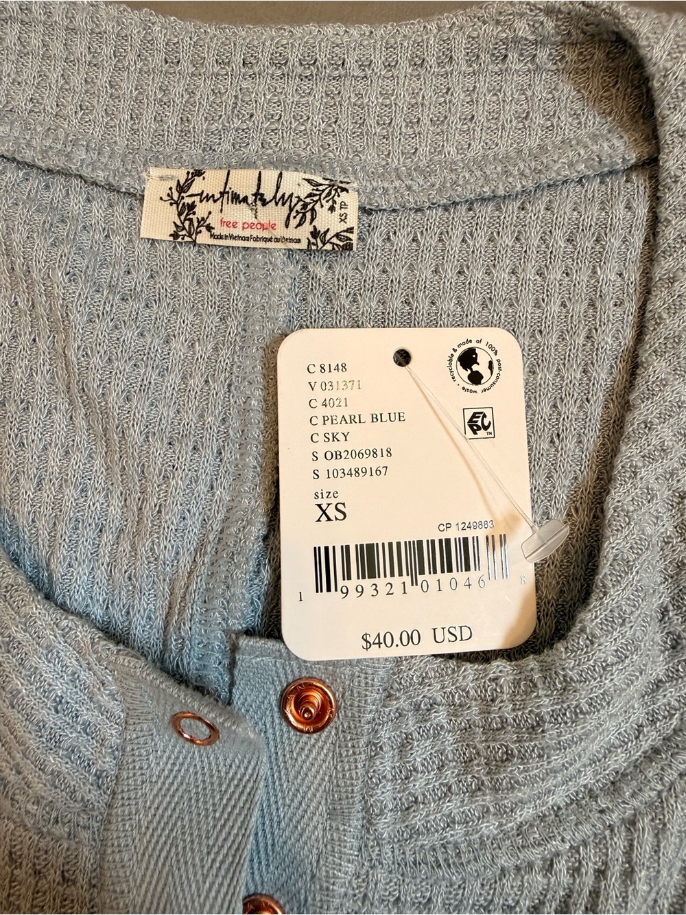 NWT Free People Light Blue Waffle Henley Long Sleeve Top with snap front - Picture 3 of 3
